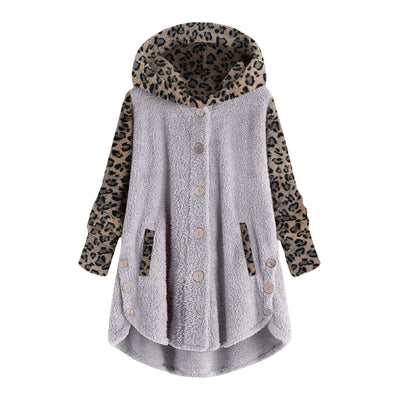 Abrigo Largo con Capucha y Empalme de Leopardo en Felpa para Mujer - Image 5