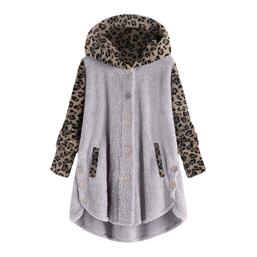 Abrigo Largo con Capucha y Empalme de Leopardo en Felpa para Mujer - Image 5