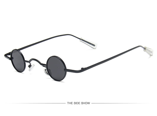 Small frame retro round sunglasses with black metal frames and brown polarized lenses, angled on a white background. - Image 3