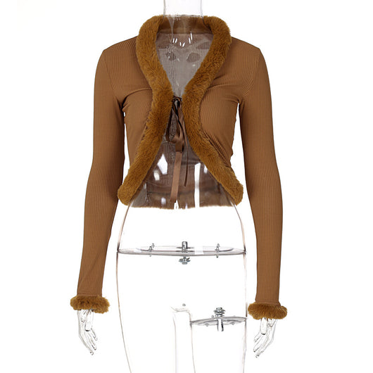 Cardigan Pluché de Encaje Ajustable con Mangas Largas en Color Sólido - Image 14
