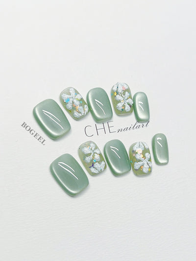 Uñas Postizas con Diseño Floral 3D - Efecto Ojo de Gato Verde - Image 3