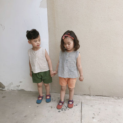 Chaleco Infantil Coreano Verano Algodón y Lino Rayas Verticales Abertura Trasera - Image 23