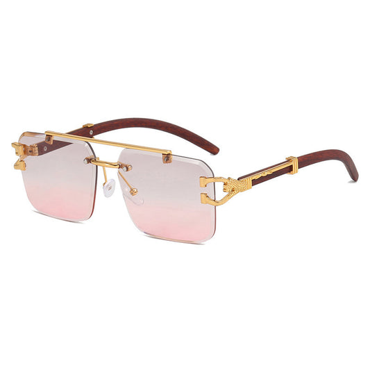 Pink gradient frameless square sunglasses with a double beam, gold-tone hardware, and dark wood-look temples. - Image 2