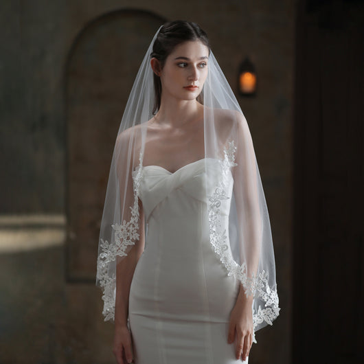 Velo de Novia Elegante Encaje Blanco Monocapa Europeo - Image 2
