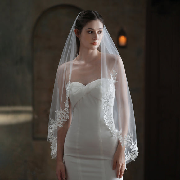 Velo de Novia Elegante Encaje Blanco Monocapa Europeo