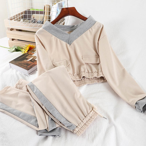 Blusa Coreana Corta Cuello V con Combinación de Colores - Otoño Invierno