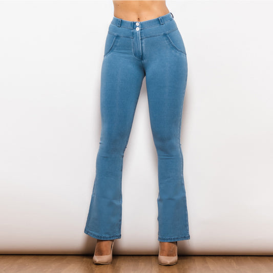 Pantalón Jean Negro Recto Cintura Media Pierna Ancha Levantacaderas con Elástico
