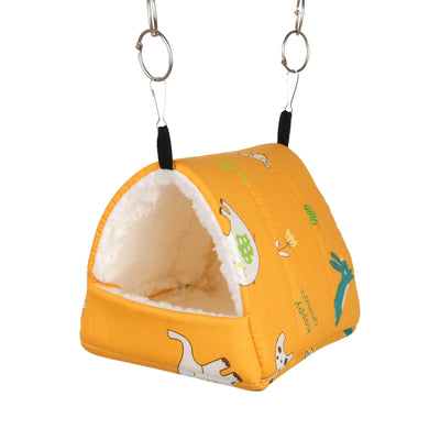 Teal cotton pet nest with a colorful forest pattern, lined with white plush, designed for small birds or parrots. - Image 13