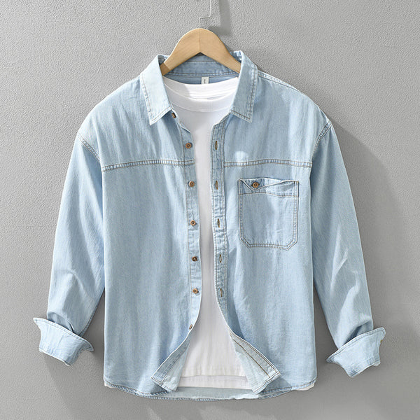Camisa Denim Retro Estilo Japonés Manga Larga para Hombre