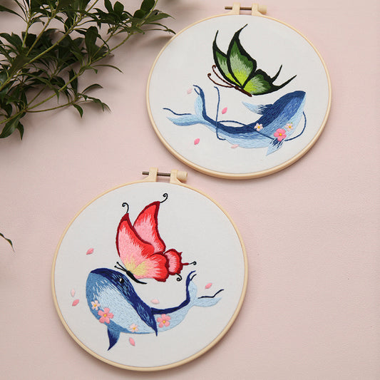 Kit de Bordado DIY Cuadro Decorativo Ballena y Mariposa Hecho a Mano
