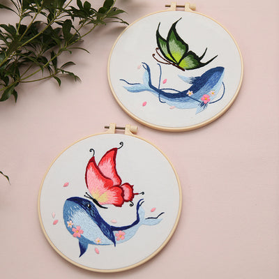 Kit de Bordado DIY Cuadro Decorativo Ballena y Mariposa Hecho a Mano