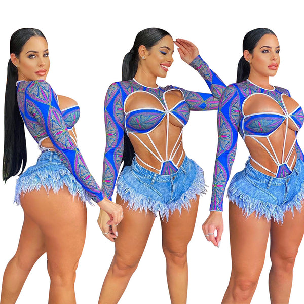 Bodysuit Manga Larga Calado con Estampado Digital