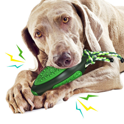 Yellow dog toy with textured surface and braided rope handle, held by a light-colored dog. - Image 5