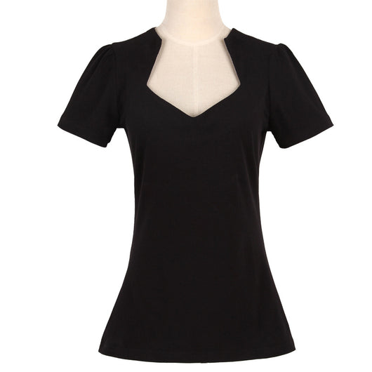 Blusa Suelta de Cuello Abierto para Mujer - Manga Corta Color Liso - Image 7