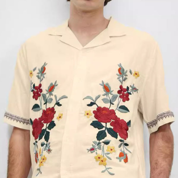 Camisa Vintage Suelta de Manga Corta con Solapa para Hombre
