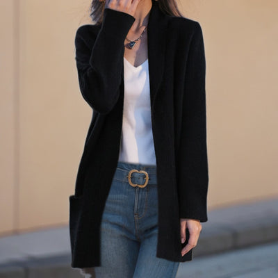 Cardigan de Punto con Cuello Polo Liso para Mujer con Bolsillos - Image 4