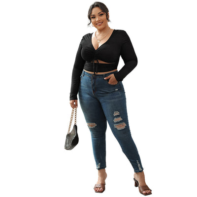 Blusa Negra Elegante Cuello V Manga Larga Ajustada - Image 5