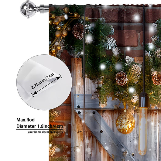Digital printed Christmas curtains with a festive garland design, red ornaments, bows, and berries, on a white background. - Image 5