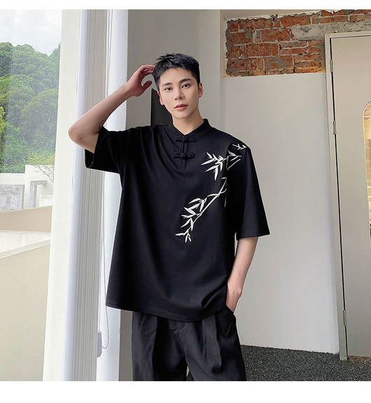 Camisa de Manga Corta con Bordado de Hojas de Bambú para Hombre - Image 6
