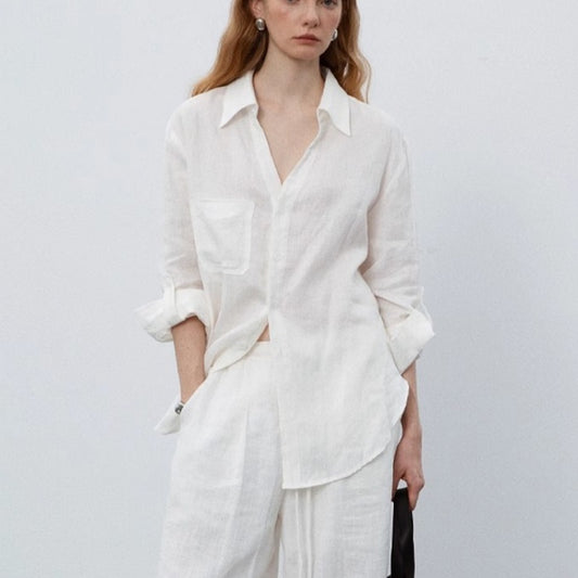 Blusa Lino Blanco Mujer Verano Suelta y Transpirable