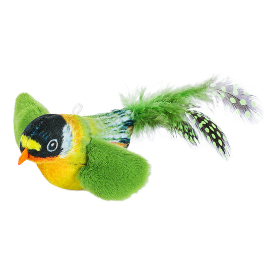 Colorful bird cat toy with green fluffy wings, black head, yellow face, orange beak, and spotted tail feathers. - Image 7