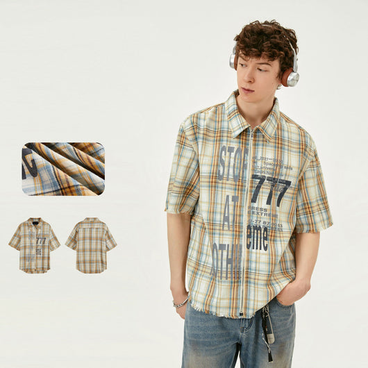 Camisa Cuadriculada Lavada con Borlas de Manga Corta - Image 9