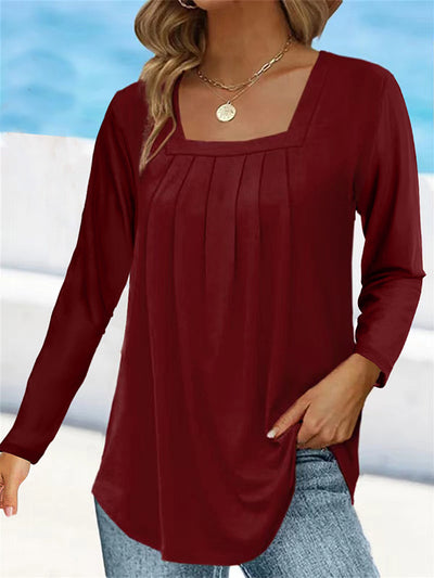 Blusa Plisada Cuello Cuadrado Manga Larga Talla Grande Algodón Imitación - Image 9