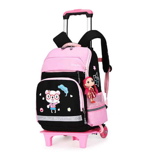 Pink and black detachable trolley backpack for elementary school students with a cartoon bear graphic and doll charm. - Image 10