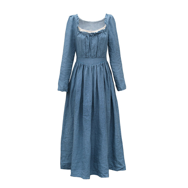 Vestido Lino Cuello Cuadrado Manga Larga Ajustado Otoño Invierno - Image 3