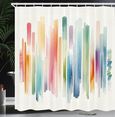 Retro floral shower curtain with wavy stripes in blue, orange, green, and cream colors. - Image 8