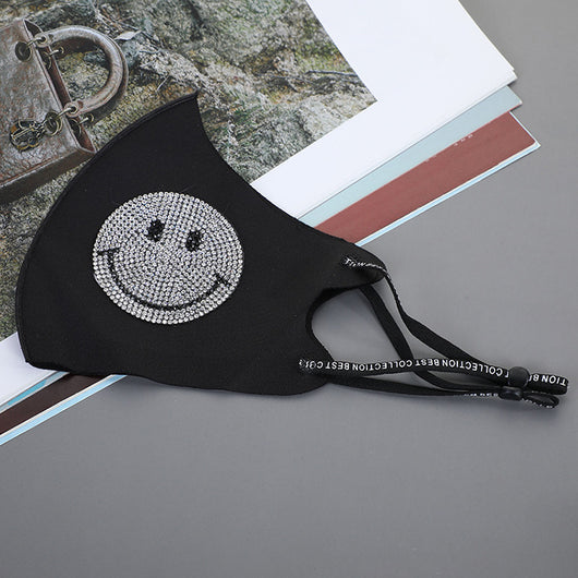 Black ear-mounted mask with a sparkling rhinestone bow pattern, featuring adjustable ear loops. - Image 8