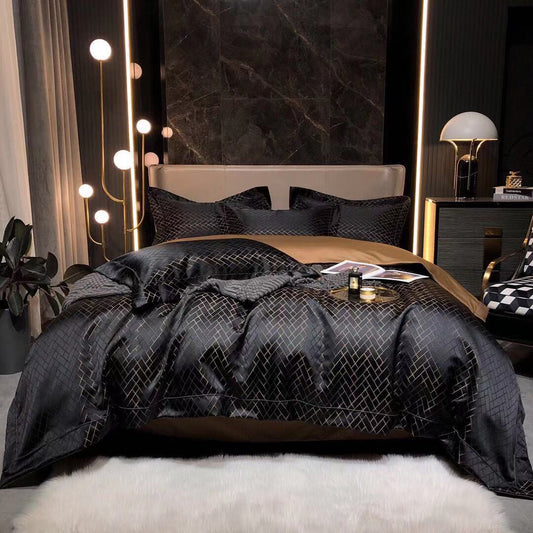 Juego de Cama Jacquard Lujo Retro Negro Dorado 120 Hilos de Algodón Puro