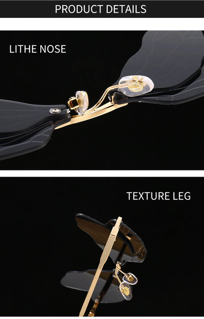 Frameless sunglasses with pink and orange-yellow dragonfly wing-shaped lenses and gold-colored metal temples. - Image 13