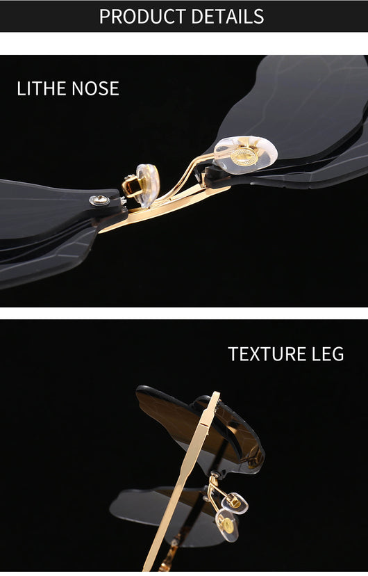Frameless sunglasses with pink and orange-yellow dragonfly wing-shaped lenses and gold-colored metal temples. - Image 13