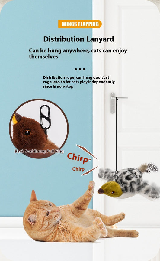 Electric simulation bird cat toy with black and white speckled plush body, olive green head, and feathered tail. Includes a black sling for hanging and USB char - Image 13