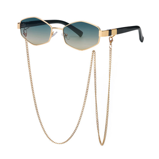 Women's hexagonal sunglasses with dark lenses, gold-colored metal frame, black temples, and a detachable gold chain. - Image 13