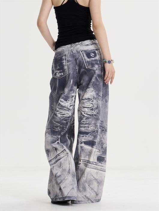 Jeans Rectos Oversize Vintage Desteñidos con Estampado Degradado para Mujer - Image 4