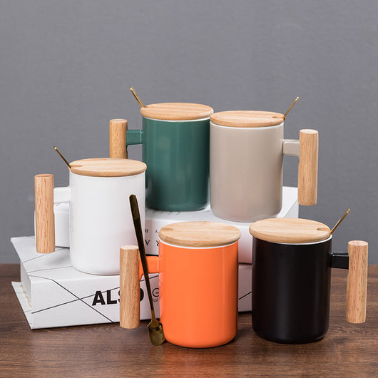 Taza de Cerámica Recta con Asa de Madera