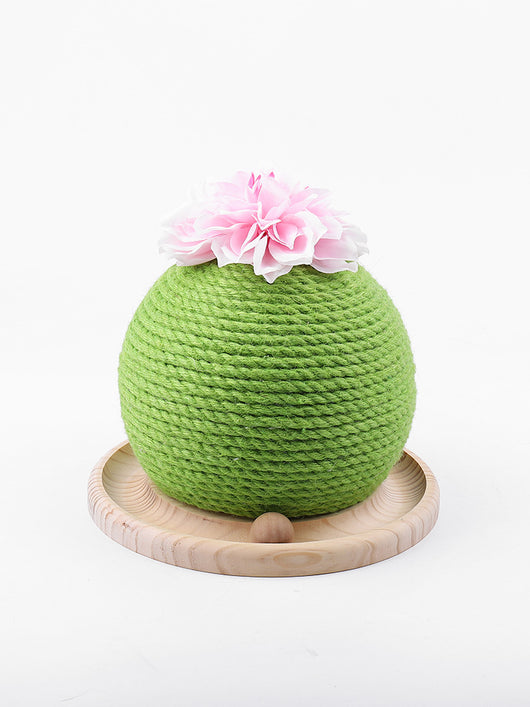 Green rope cat scratching toy shaped like a cactus with a pink flower on top, sitting on a light wood base. - Image 13