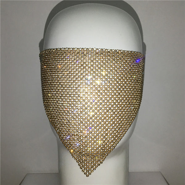 Gold rhinestone mask made of metal mesh, covering the face from the eyes to below the chin, displayed on a white mannequin head. - Image 6
