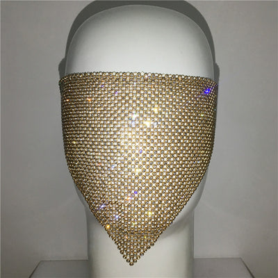 Gold rhinestone mask made of metal mesh, covering the face from the eyes to below the chin, displayed on a white mannequin head. - Image 6