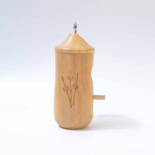 Light brown wooden birdhouse with a conical roof, circular entrance, perch, and etched branch design, hanging hook. - Image 6