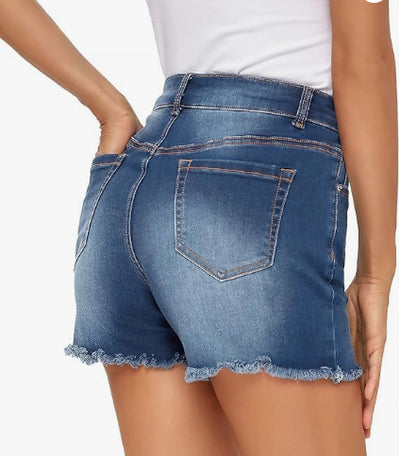 Shorts Denim Talle Alto Ajustado con Flecos - Versátil para Mujer - Image 17