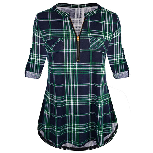 Blusa de Cuadros con Cremallera Rizada de Manga Larga