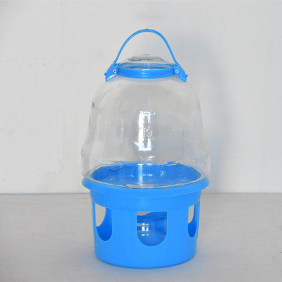Transparent pet drinker with a light blue base and handle, designed for chickens or small birds. - Image 9