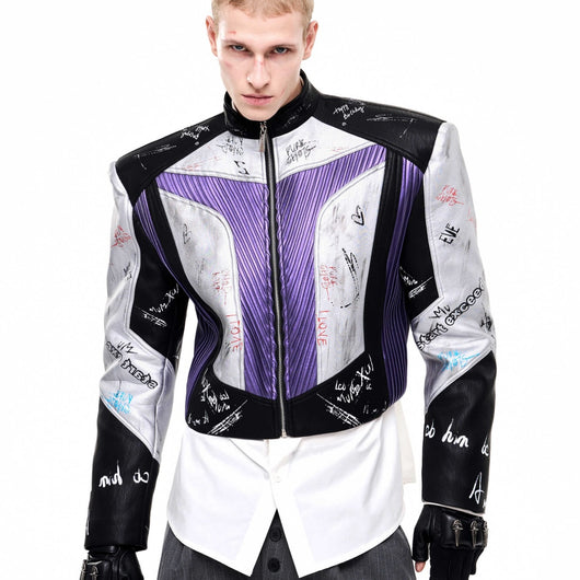 Chaqueta de Cuero Estilo Graffiti con Cuello Elevado para Hombre - Image 11