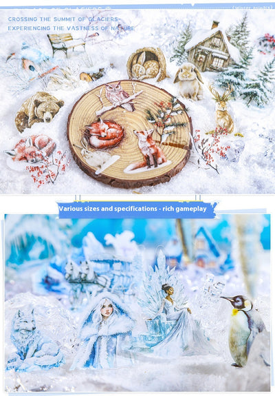 A set of 25 PET stickers featuring winter landscapes, ice castles, deer, wolves, and an ice queen in a snowy fantasy theme. - Image 23