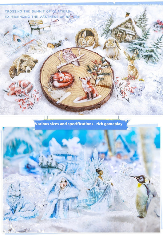 A set of 25 PET stickers featuring winter landscapes, ice castles, deer, wolves, and an ice queen in a snowy fantasy theme. - Image 23