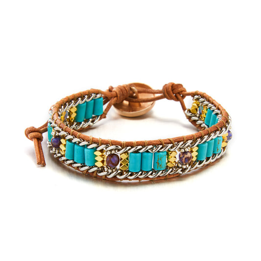 Pulsera de Cuero Tejida a Mano con Piedra Imperial Coloreada
