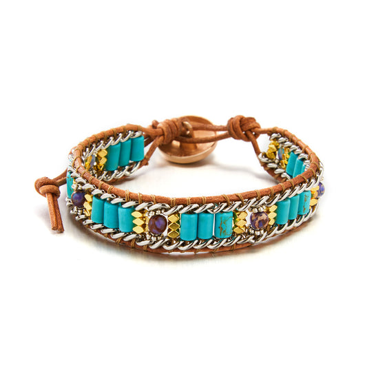 Pulsera de Cuero Tejida a Mano con Piedra Imperial Coloreada